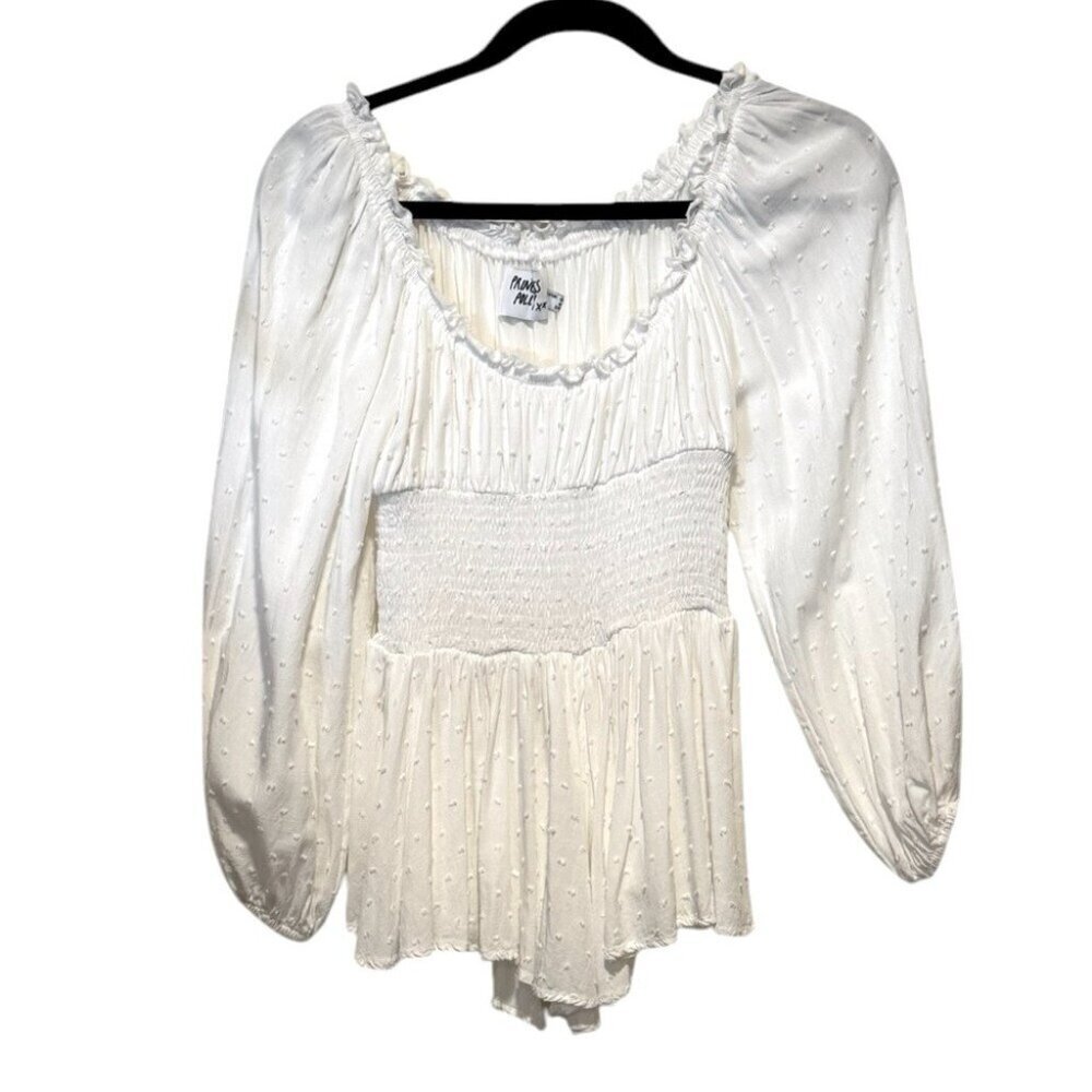 Princess Polly Off Shoulder White Smocked Peplum Balloon Sleeve Blouse Womens 4 - Picture 4 of 11